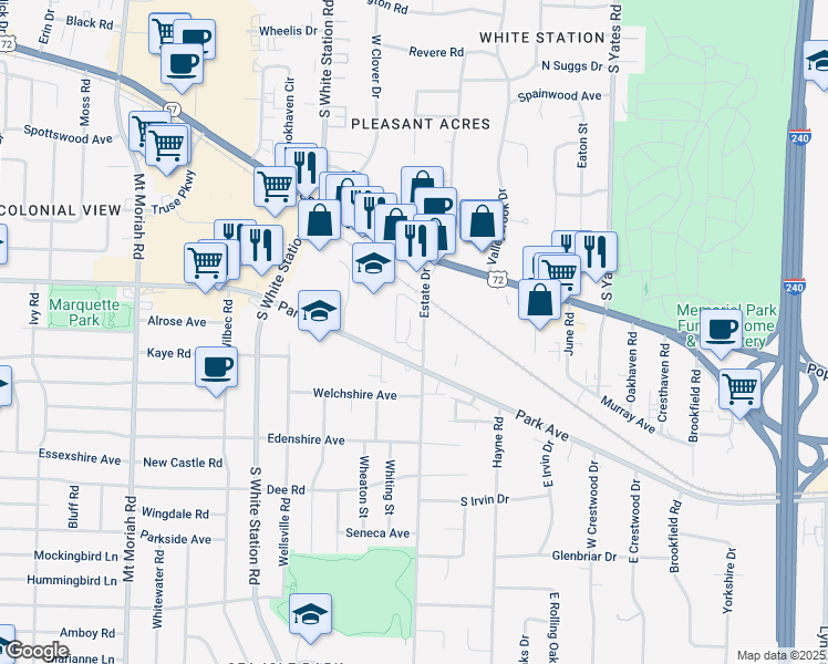 map of restaurants, bars, coffee shops, grocery stores, and more near 5322 Wrens Roost Circle in Memphis