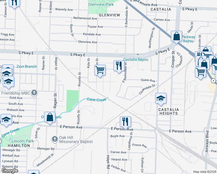 map of restaurants, bars, coffee shops, grocery stores, and more near 1514 Harlem Street in Memphis