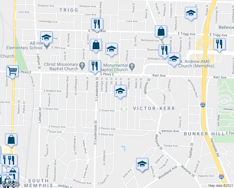 map of restaurants, bars, coffee shops, grocery stores, and more near 1566 South Orleans Street in Memphis