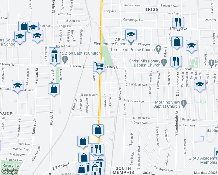 map of restaurants, bars, coffee shops, grocery stores, and more near 1571 Patton Street in Memphis