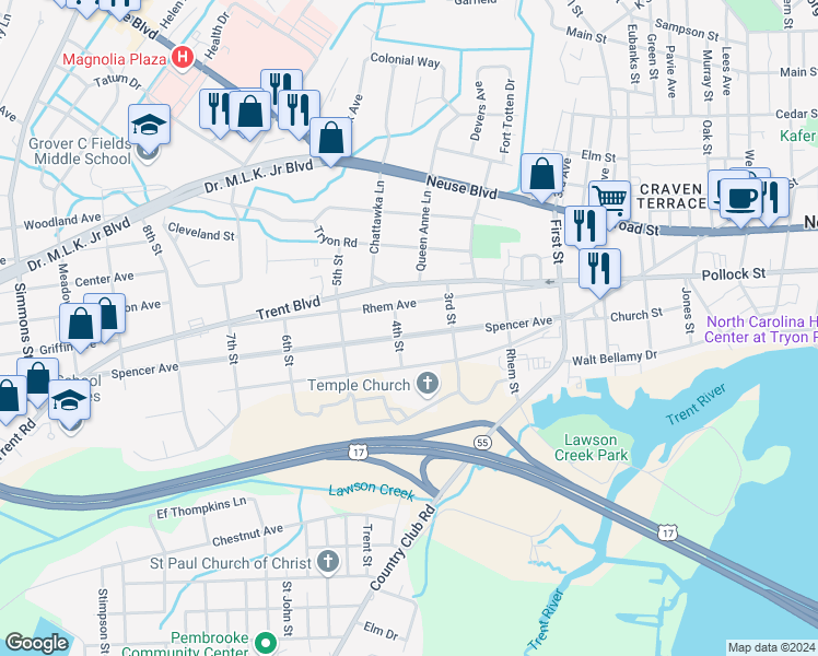 map of restaurants, bars, coffee shops, grocery stores, and more near 1520 Spencer Avenue in New Bern