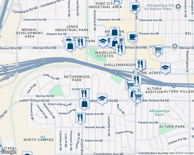 map of restaurants, bars, coffee shops, grocery stores, and more near 1740 Richmond Drive Northeast in Albuquerque