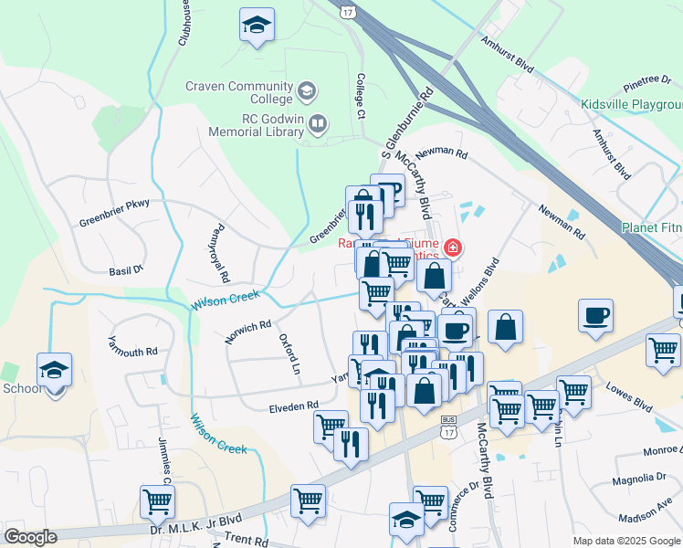 map of restaurants, bars, coffee shops, grocery stores, and more near 1506 Princeton Lane in New Bern