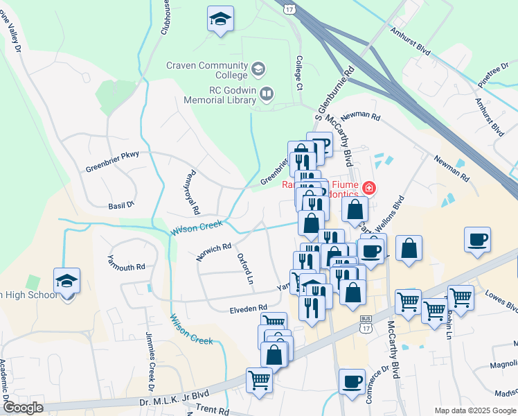 map of restaurants, bars, coffee shops, grocery stores, and more near 1609 Queens Court in New Bern