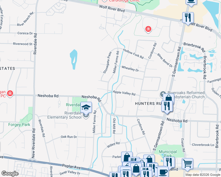 map of restaurants, bars, coffee shops, grocery stores, and more near 1635 Old Mill Road in Germantown