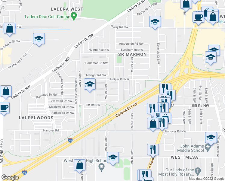 map of restaurants, bars, coffee shops, grocery stores, and more near 6610 Tierra Sandia Court Northwest in Albuquerque