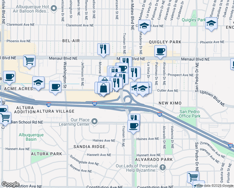 map of restaurants, bars, coffee shops, grocery stores, and more near 5010 Cutler Avenue Northeast in Albuquerque