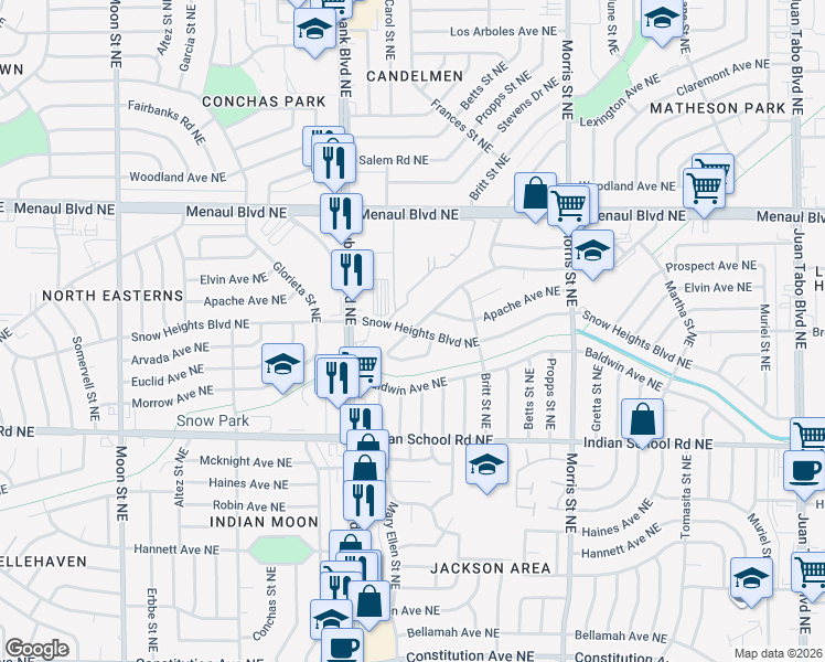 map of restaurants, bars, coffee shops, grocery stores, and more near Snowheights Boulevard Northeast in Albuquerque