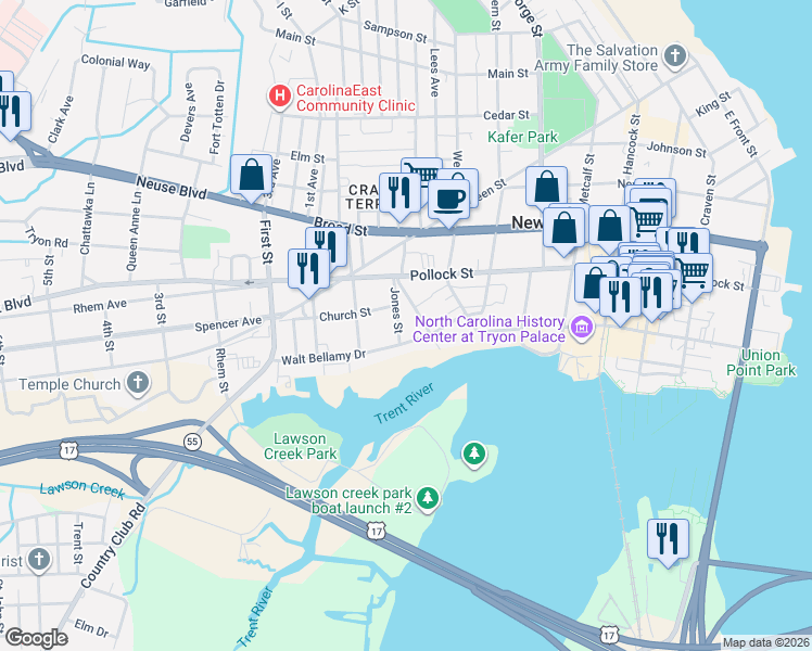 map of restaurants, bars, coffee shops, grocery stores, and more near 909 Walt Bellamy Drive in New Bern