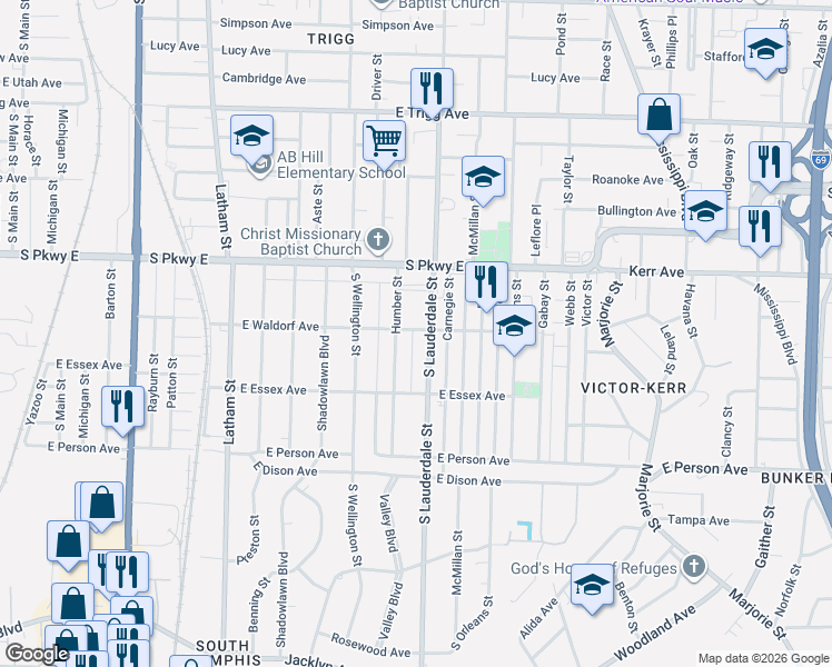 map of restaurants, bars, coffee shops, grocery stores, and more near 535 East Waldorf Avenue in Memphis
