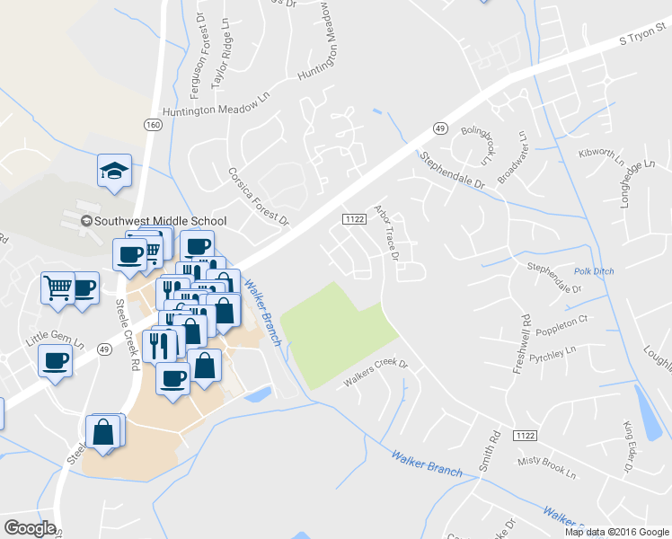 map of restaurants, bars, coffee shops, grocery stores, and more near 12663 Persimmon Tree Drive in Charlotte