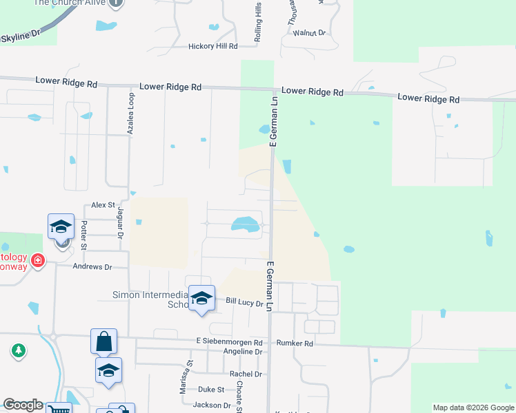 map of restaurants, bars, coffee shops, grocery stores, and more near 1855-1927 East German Lane in Conway