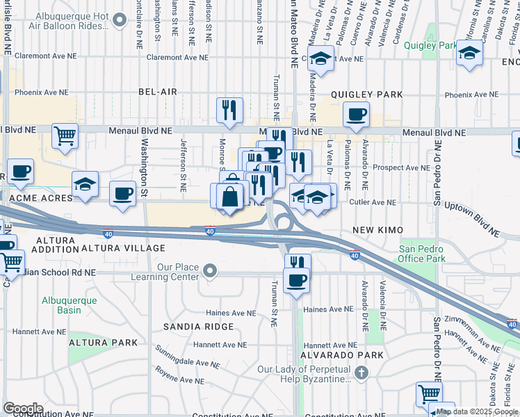 map of restaurants, bars, coffee shops, grocery stores, and more near 5010 Cutler Avenue Northeast in Albuquerque
