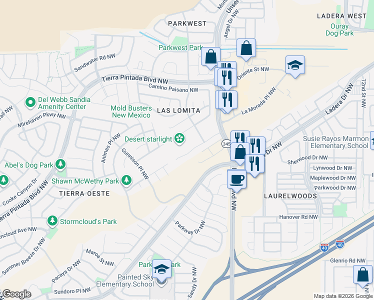 map of restaurants, bars, coffee shops, grocery stores, and more near 1800 Cielo Oeste Place Northwest in Albuquerque