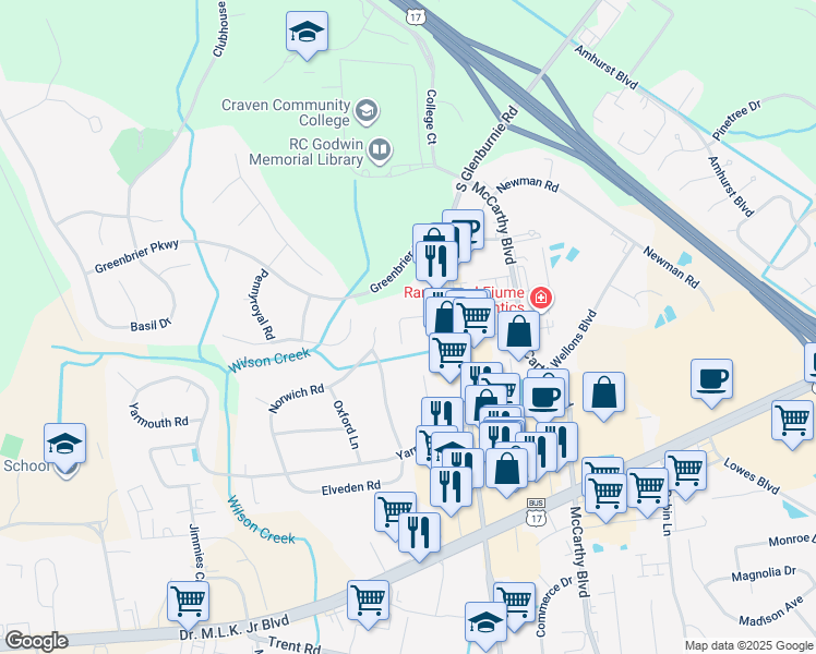 map of restaurants, bars, coffee shops, grocery stores, and more near 1502 Princeton Lane in New Bern
