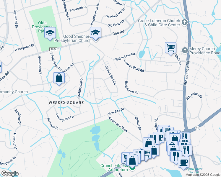 map of restaurants, bars, coffee shops, grocery stores, and more near 4704 Swan Meadow Lane in Charlotte