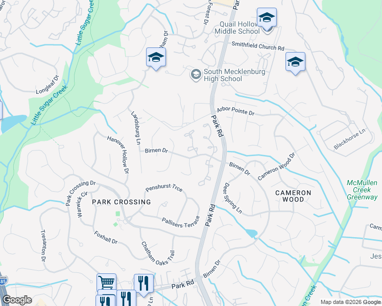 map of restaurants, bars, coffee shops, grocery stores, and more near 9320 Kings Falls Drive in Charlotte