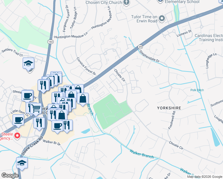 map of restaurants, bars, coffee shops, grocery stores, and more near 13512 Choate Circle in Charlotte