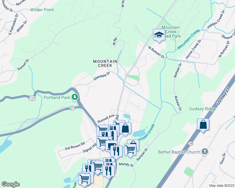 map of restaurants, bars, coffee shops, grocery stores, and more near 911 Mountain Creek Road in Chattanooga