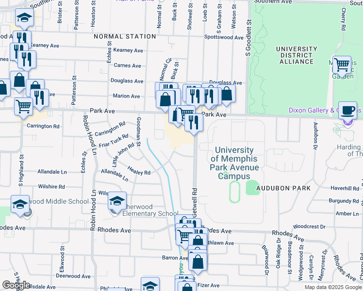 map of restaurants, bars, coffee shops, grocery stores, and more near 3907 Stuart Road in Memphis
