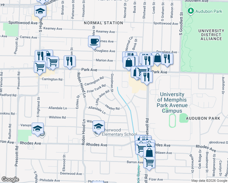 map of restaurants, bars, coffee shops, grocery stores, and more near 983 Goodman Street in Memphis