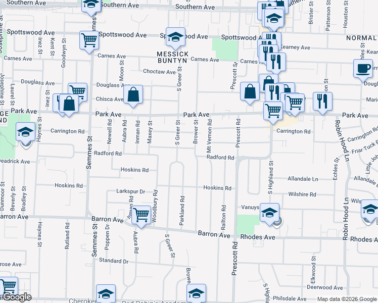 map of restaurants, bars, coffee shops, grocery stores, and more near 1000 Parkland Road in Memphis