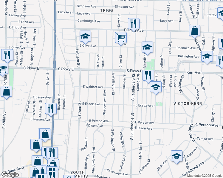 map of restaurants, bars, coffee shops, grocery stores, and more near 1560 South Wellington Street in Memphis