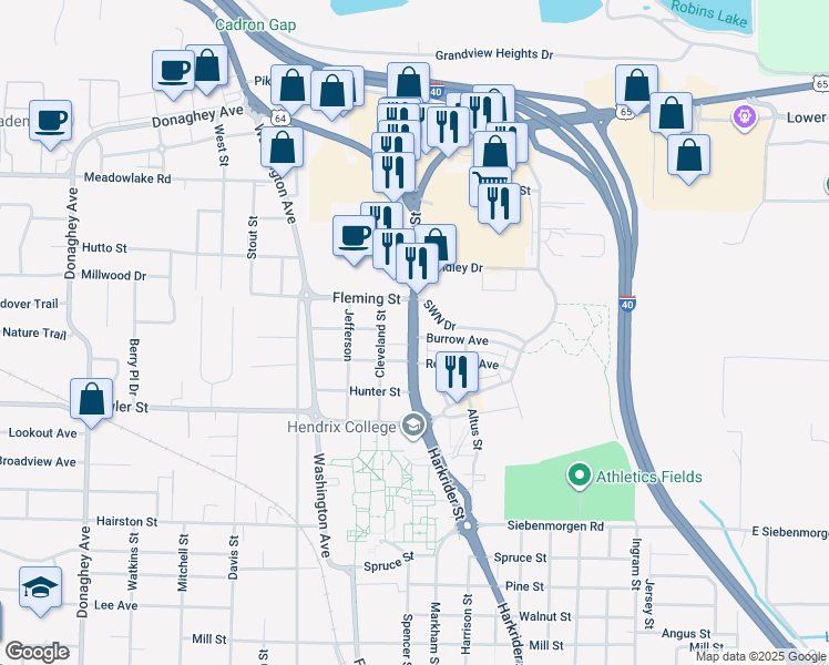 map of restaurants, bars, coffee shops, grocery stores, and more near 1920 Harkrider Street in Conway