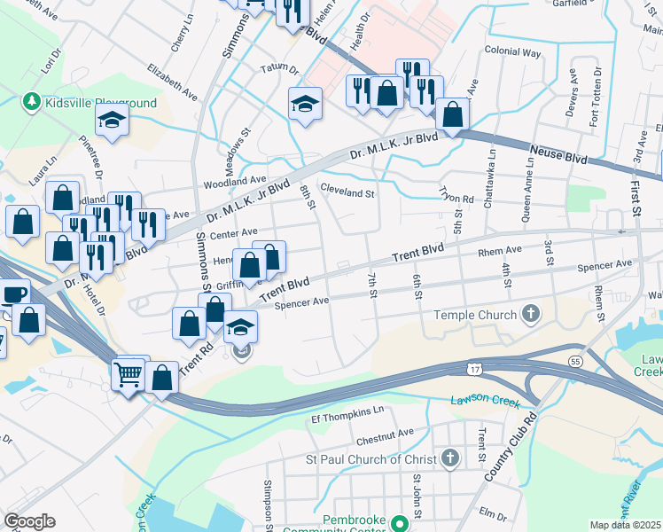 map of restaurants, bars, coffee shops, grocery stores, and more near 1917 Trent Boulevard in New Bern