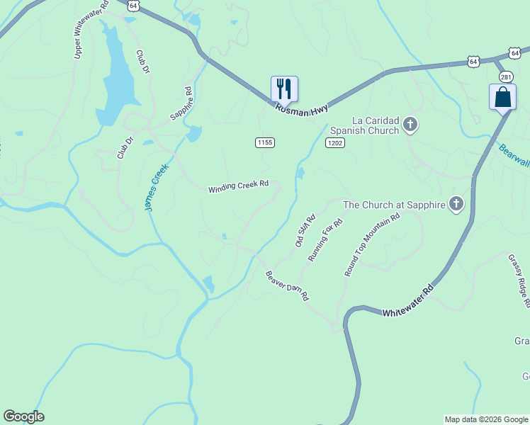 map of restaurants, bars, coffee shops, grocery stores, and more near 651 Winding Creek Rd in Sapphire