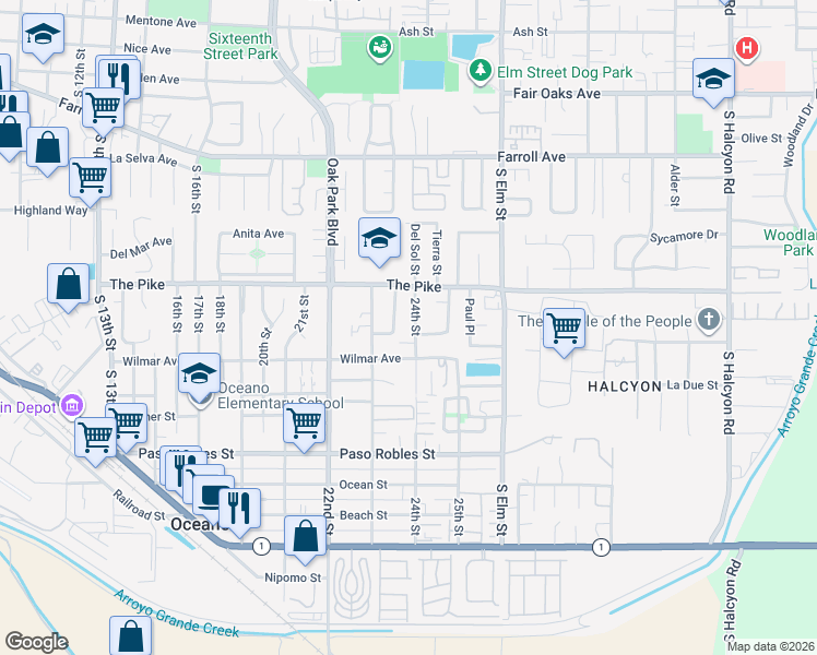 map of restaurants, bars, coffee shops, grocery stores, and more near 1346 24th Street in Oceano