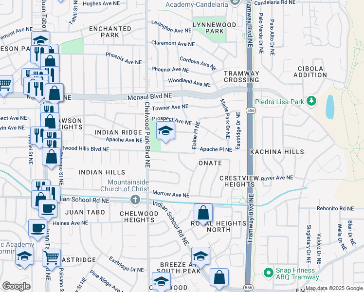 map of restaurants, bars, coffee shops, grocery stores, and more near 12415 Brentwood Hills Boulevard Northeast in Albuquerque