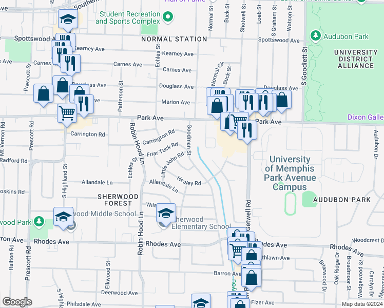 map of restaurants, bars, coffee shops, grocery stores, and more near 983 Goodman Street in Memphis