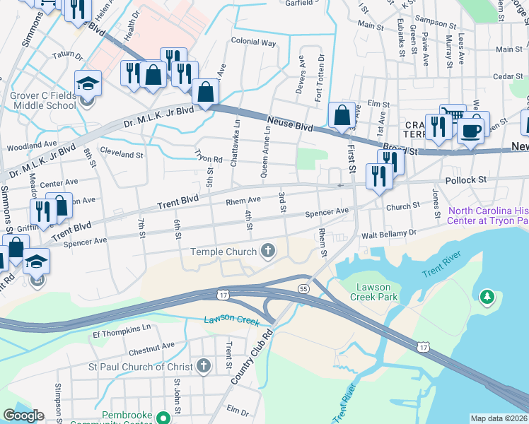 map of restaurants, bars, coffee shops, grocery stores, and more near 1519 Spencer Avenue in New Bern