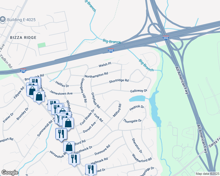 map of restaurants, bars, coffee shops, grocery stores, and more near 623 Galloway Drive in Fayetteville