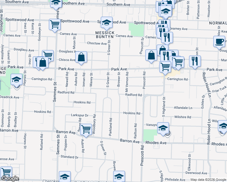 map of restaurants, bars, coffee shops, grocery stores, and more near 1000 Parkland Road in Memphis