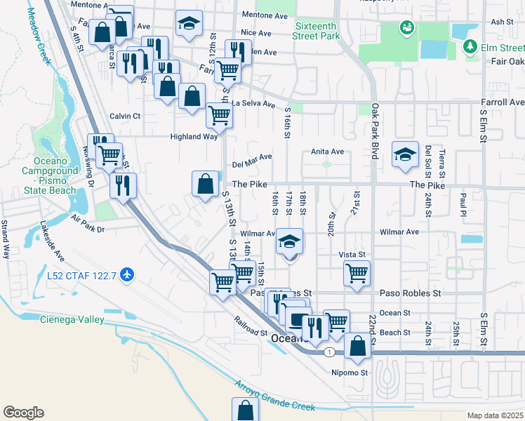 map of restaurants, bars, coffee shops, grocery stores, and more near 1316 16th Street in Oceano