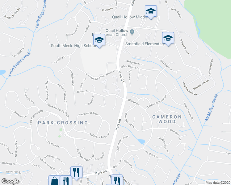 map of restaurants, bars, coffee shops, grocery stores, and more near 9250 North Vicksburg Park Court in Charlotte