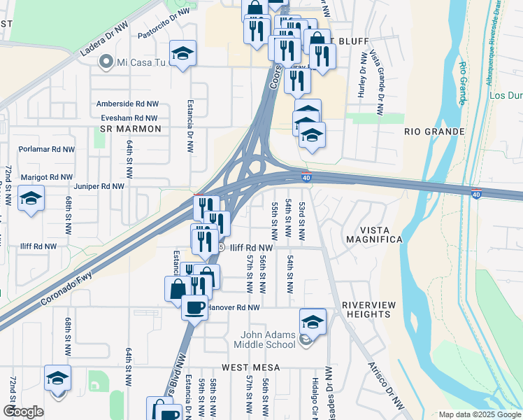 map of restaurants, bars, coffee shops, grocery stores, and more near 5600 Del Oeste Road in Albuquerque