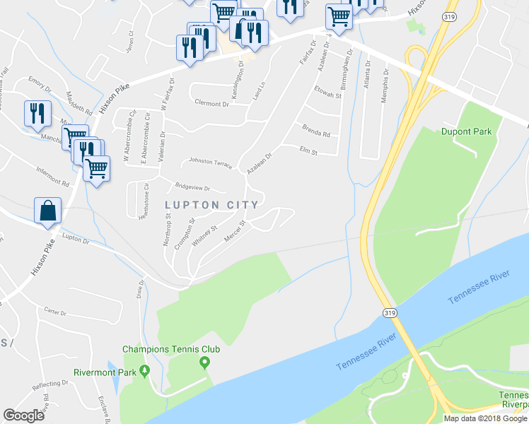 map of restaurants, bars, coffee shops, grocery stores, and more near 3876 Dixie Circle in Chattanooga