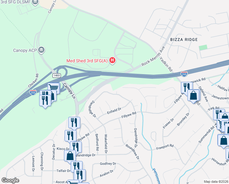 map of restaurants, bars, coffee shops, grocery stores, and more near 890 Danish Drive in Fayetteville
