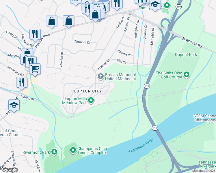 map of restaurants, bars, coffee shops, grocery stores, and more near 3903 Arkwright Street in Chattanooga