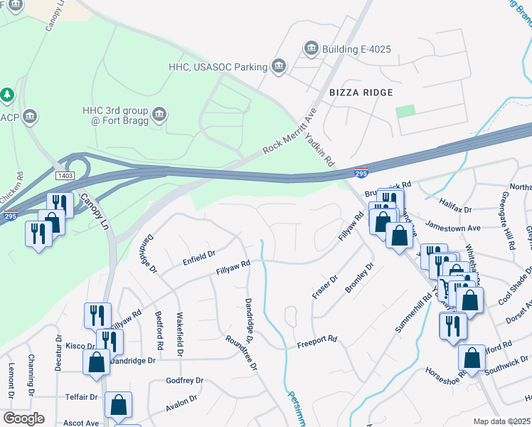 map of restaurants, bars, coffee shops, grocery stores, and more near 854 Danish Drive in Fayetteville