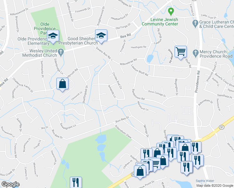 map of restaurants, bars, coffee shops, grocery stores, and more near 4600 Swan Meadow Lane in Charlotte