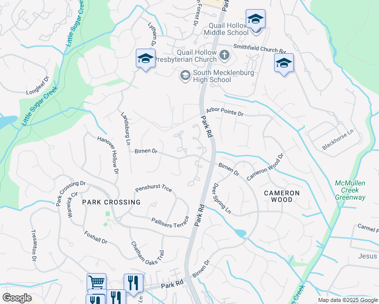 map of restaurants, bars, coffee shops, grocery stores, and more near 9216 North Vicksburg Park Court in Charlotte