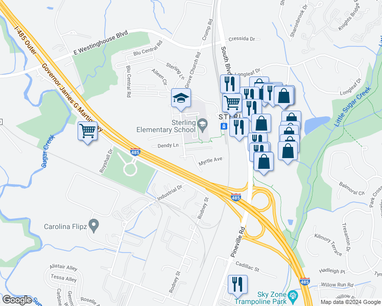 map of restaurants, bars, coffee shops, grocery stores, and more near 9725 China Grove Church Road in Pineville