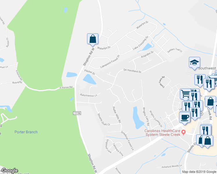 map of restaurants, bars, coffee shops, grocery stores, and more near 13806 Pilcher Drive in Charlotte