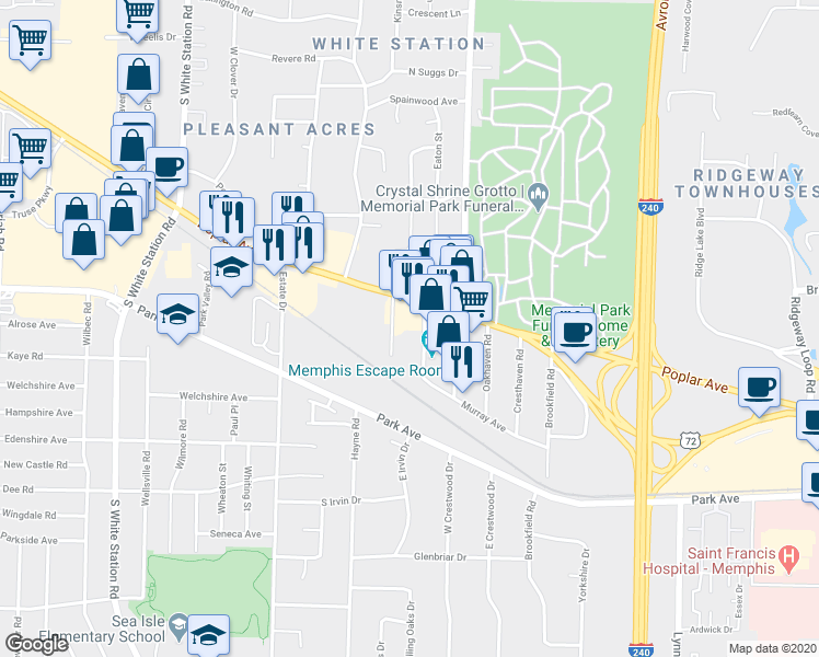 map of restaurants, bars, coffee shops, grocery stores, and more near 5469 Poplar Avenue in Memphis
