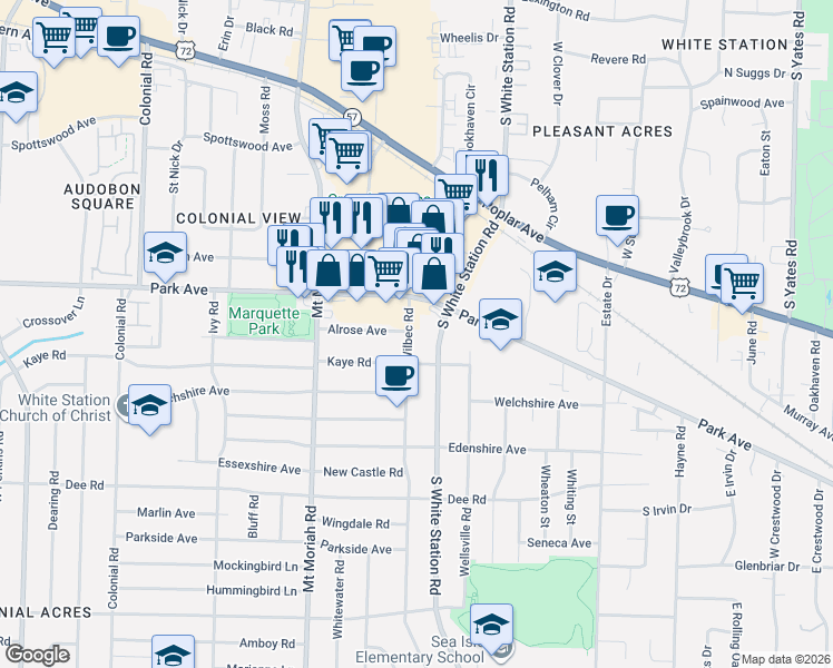 map of restaurants, bars, coffee shops, grocery stores, and more near 5091 Park Avenue in Memphis