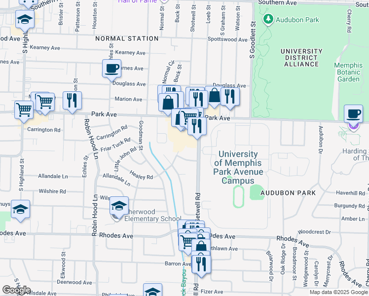 map of restaurants, bars, coffee shops, grocery stores, and more near 939 Getwell Road in Memphis
